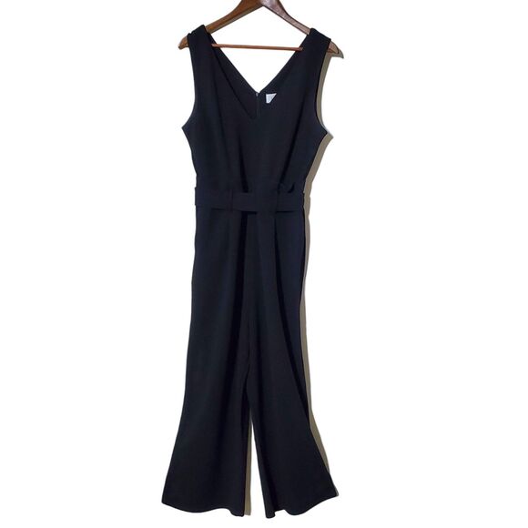 Anthropologie Wide Leg Jumpsuit Size L Black Tie Waist Capri V-Neck Womens - Picture 2 of 6